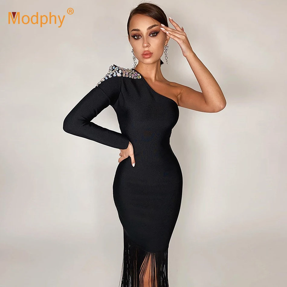 

Black Crystal Bandage Midi Dress Women Sexy Long Sleeve One Shoulder Tassel Bodycon Club Evening Party Vestidos 2021 Fashion New