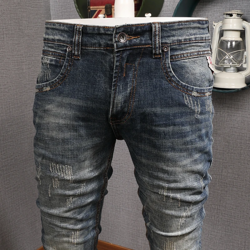 European American Vintage Fashion Men Jeans Retro Blue Elastic Cotton Slim Fit Ripped Jeans Men Distressed Designer Denim Pants