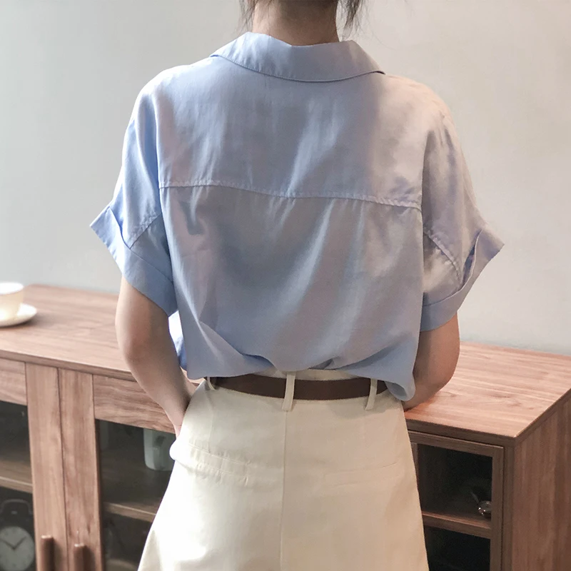 

High End Tencel Linen Short Sleeve White Shirt Women 2021 Summer Korean Solid Top Lapel Blouse Female Loose Office White Tops