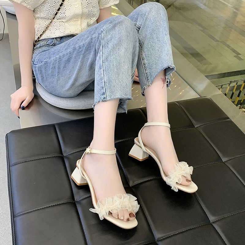 

2021 Summer Lace Denim Women's High Heel Sandals Suit Female Beige Womens Shoes Buckle Strap Med High-heeled Black Girls Clear