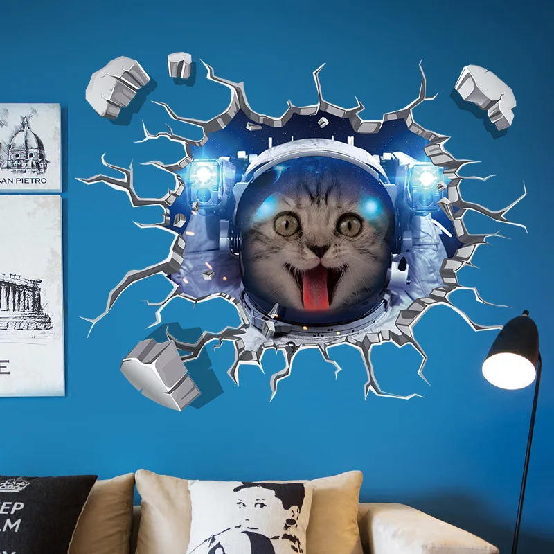 3D наклейки на стену с изображением космических кошек модные украшения для дома