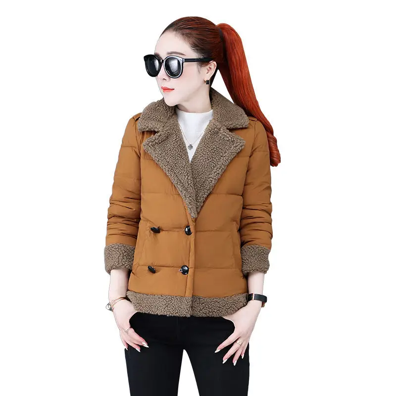 

Short Winter Jacket 2021 Fashion Lamb velvet Turndown collar Cotton Stitching Women Coat Warm Student Outwear Double breasted
