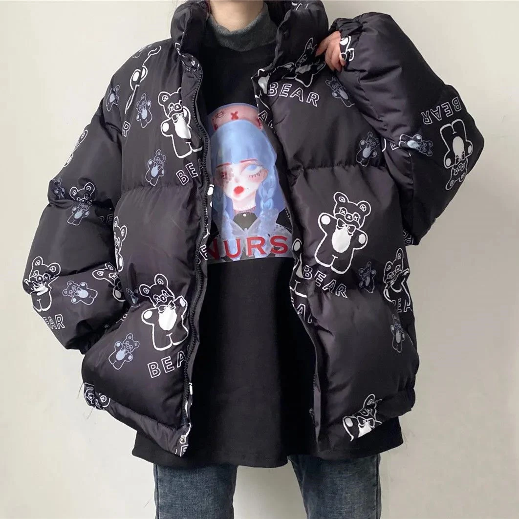 

Y2K рисунок с милым медведем 3D водолазка, куртка большого размера, Женская парка, пальто, толстая хлопковая зимняя одежда, кавайная эстетика, ...