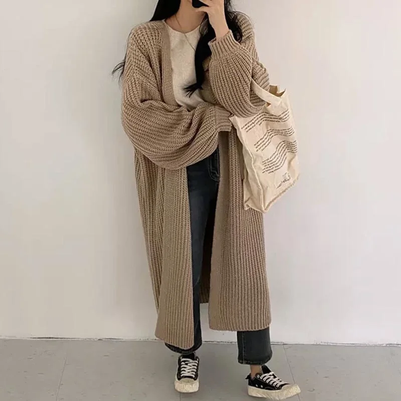 Длинный вязаный кардиган женский свободный свитер пальто Женский однотонный