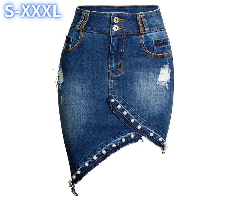 

Женские джинсовые юбки с завышенной талией, юбка-карандаш неправильной формы, женская сексуальная Облегающая джинсовая юбка с бисером, юбк...