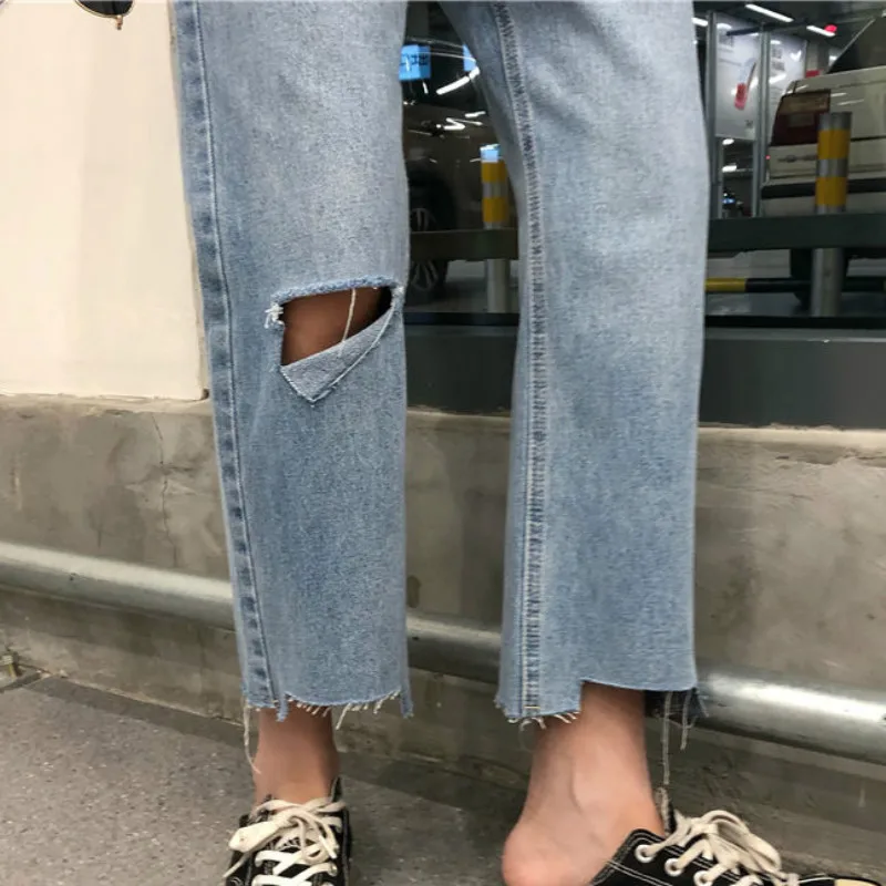 

Casual Straight Jeans Women Vintage Hole Ankle Length Washed Retro High Waist Solid Slim Leisure Students Loose Push Up Bottom