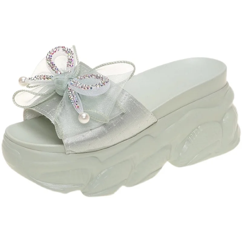 

Shoes Woman 2021 Slippers Heels Luxury Slides Butterfly-Knot Beige Heeled Sandals Platform Pantofle Shale Female Beach High Flat