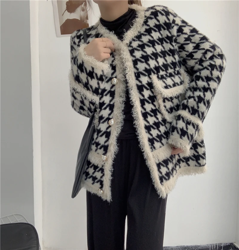 

Женский свитер с длинными рукавами, свободный свитер из искусственной норки с узором «гусиные лапки», верхняя одежда на весну и осень, 2023