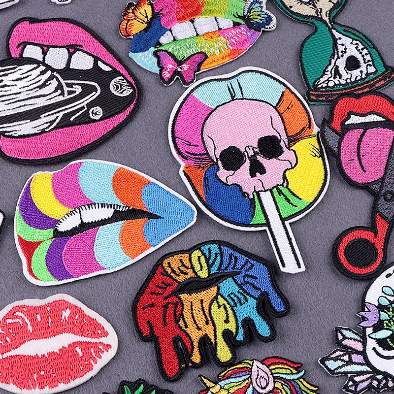 

Iron On Patch Sexy Lips Patches On Clothing Stripes Embroidered Patch Hippie Patches For Clothes Stickers DIY Skull Badges Decor