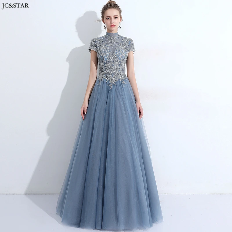 

Vestidos de festa longo para senhoras casamento new high neck lace short sleeve back A Line dusty blue dress robe mariage femme