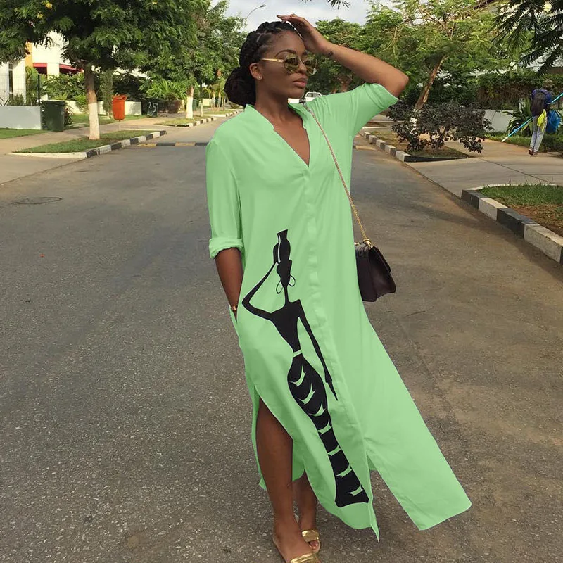 Женское платье-рубашка с длинным рукавом V-образным вырезом и карманами | Женская