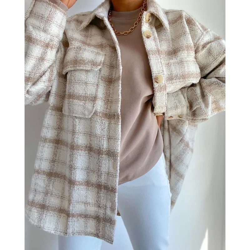 

2021 Vintage Women Loose Tweed Shirts Autumn Streetwear Pocket Long Sleeve Outwear Ladies Elegant Plaid Casual Plus Blouses