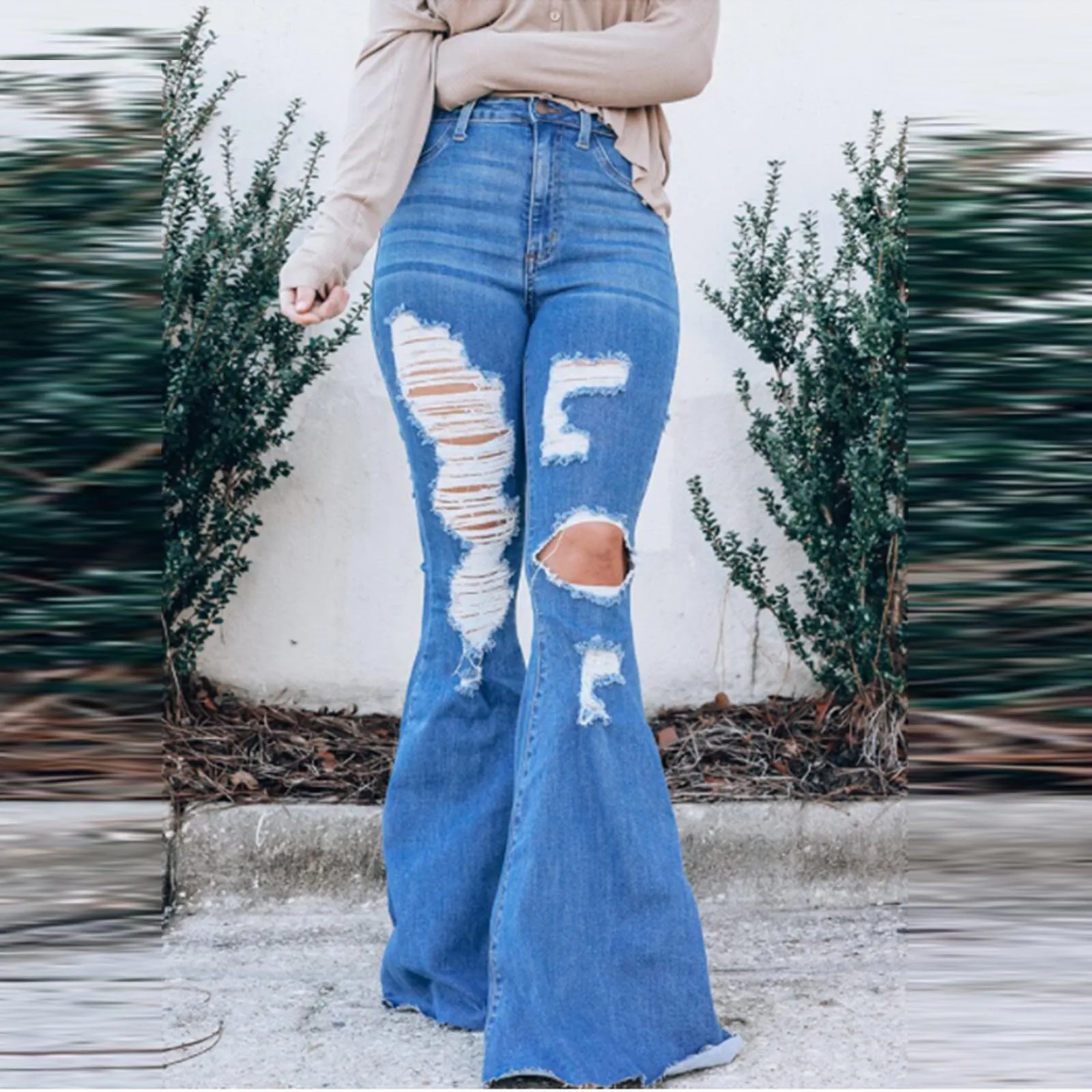 

2021 Plus Size Female Jeans Temperament Commuter Blue Washed Casual Distressed Pants High Waist Ripped Flared Jeans Women