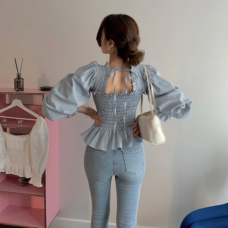 

French Retro Elegant Palace Wind Sweet Ruffle Tops Bubble Sleeve Lantern Sleeve Strap Waist Princess Shirt New Blusa Mujer 13702