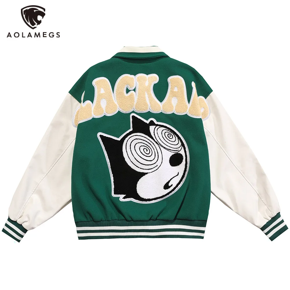 

Aolamegs Jacket Men Cartoon Patches Patchwork Color Turn-down Collar Coat Harajuku Vintage College Style Varsity Jackets Outwear