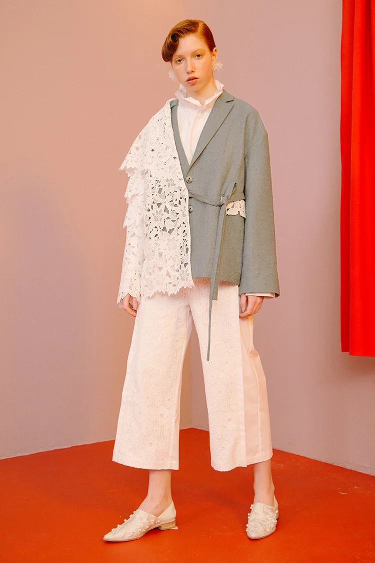 

MSXU Women Elegant Vintage Retro Fashion Chic Floral Lace Patchwork Irregular Fitted Lady Business Suit Blazer