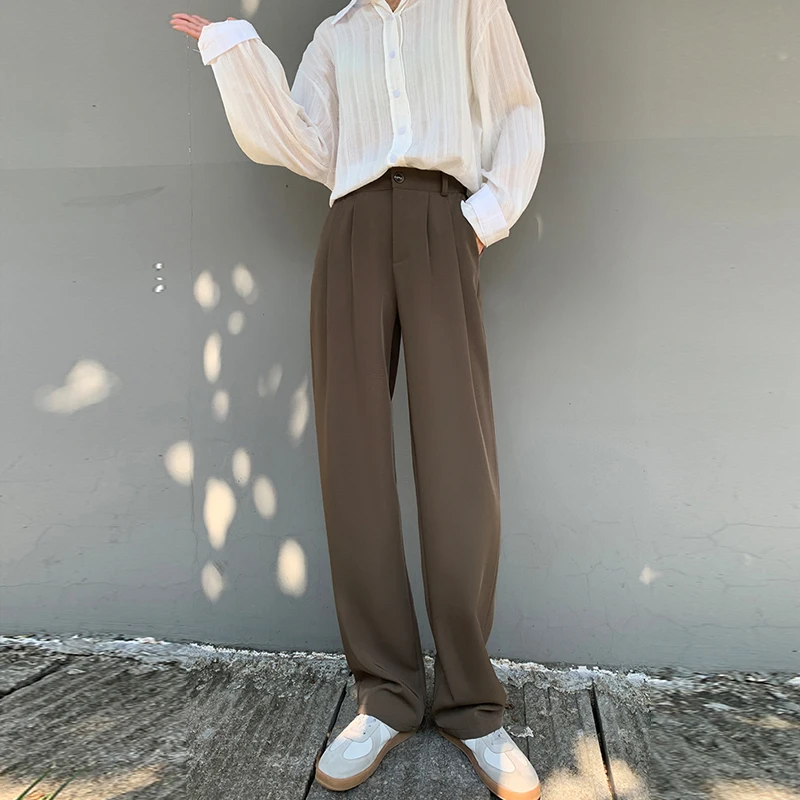 Women Fashion Office Suit Pants Straight Vintage High Waist Zipper Wide-Leg Pants Female Loose casual Trousers