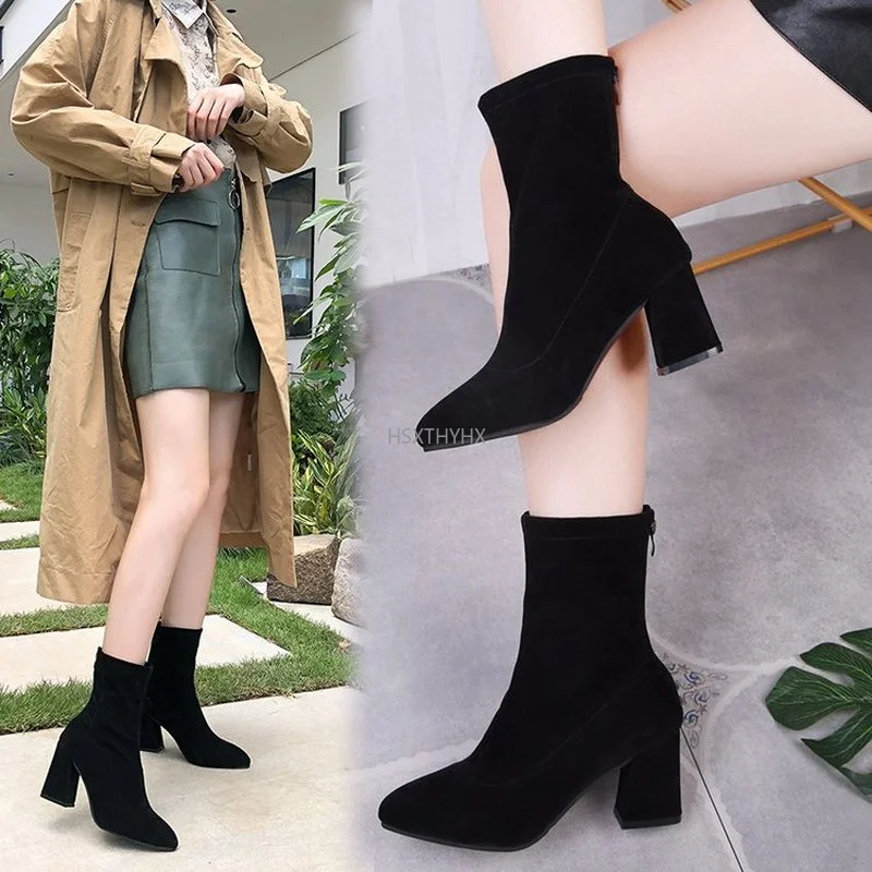 

Black Flock Thick Heel Ankle Boots Women Winter Shoes Nice Elegant High Heel Pointed Toe Keep Warm Short Booties Ladies Winter