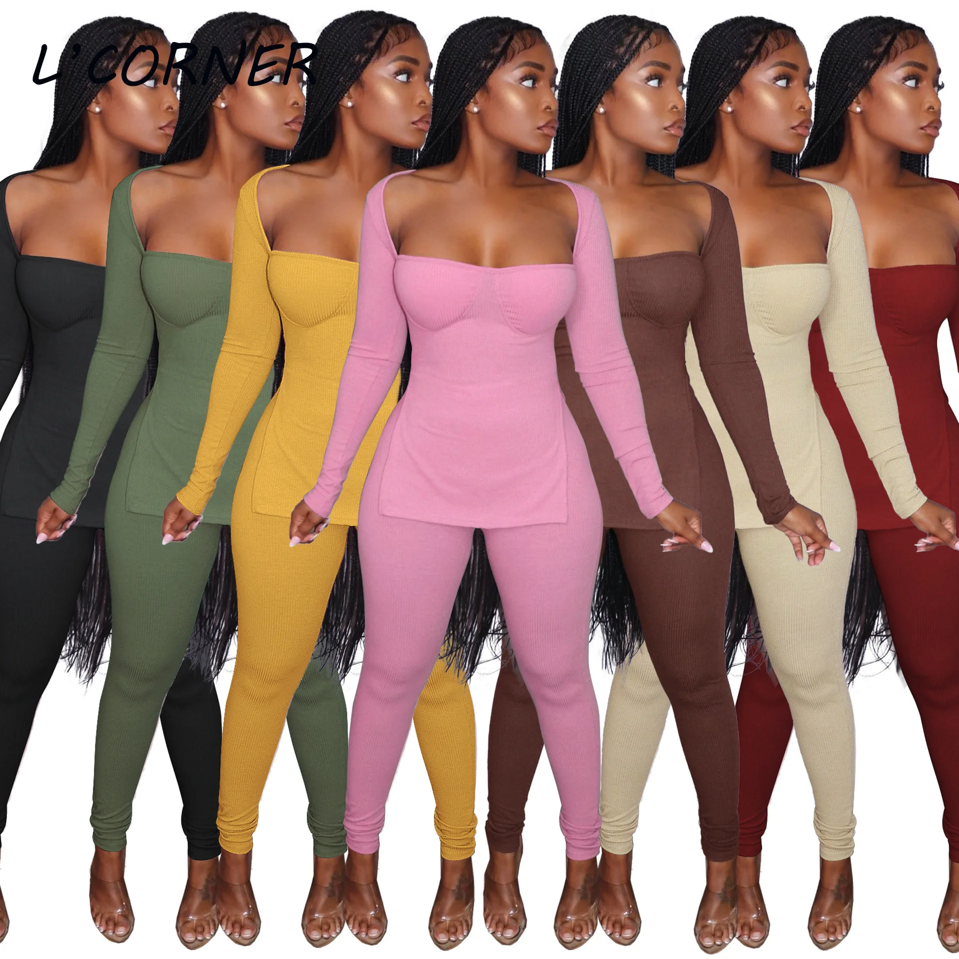 Women OutfitsTwo Piece Sets Sexy Square Neck Knitted Split Hem Sweater +pencil Pants 2pcs Office Lady Suits |