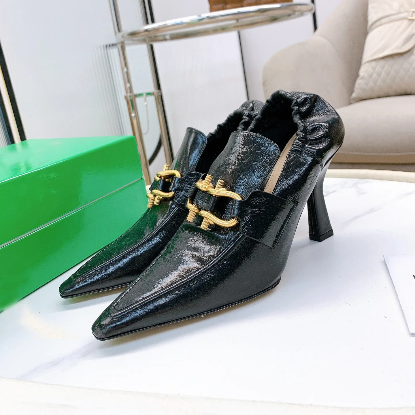 

2021 new women's shoes French pointed metal buckle back elastic band shoes thin high heel temperament single shoe fashion