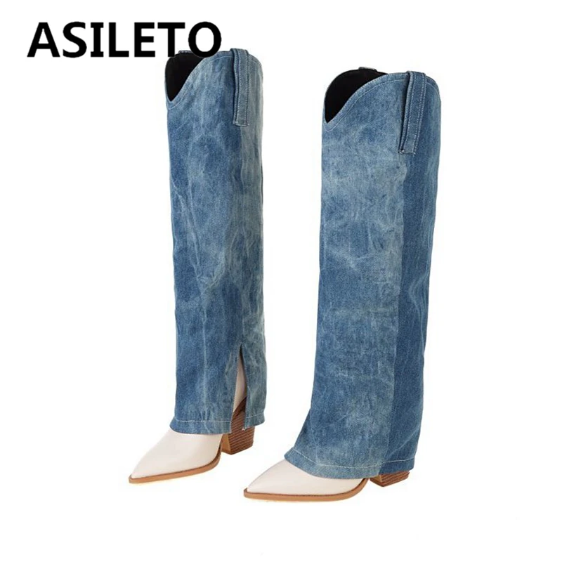 ASILETO New Fashion Tube Knee High Boots Pointed Toe Wedge Block Heel Denim Zipper Plus Size 34-43 Blue Patchwork Winter S2654