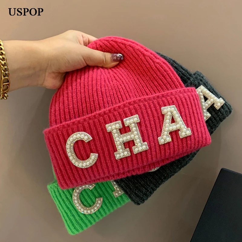 Новинка зимние шапки USPOP женские толстые теплые вязаные мягкие с жемчугом и
