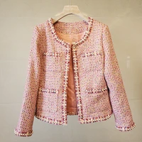 autumn pink tweed jackets women o neck long sleeve vintage harajuku woolen coat outwear luxury winter pearls beading k3262