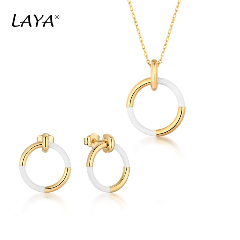

925 Sterling Silver Simple Circle Design White Enamel Drop Earrings Necklace Set For Women's Wedding High Quality Jewelry Gift