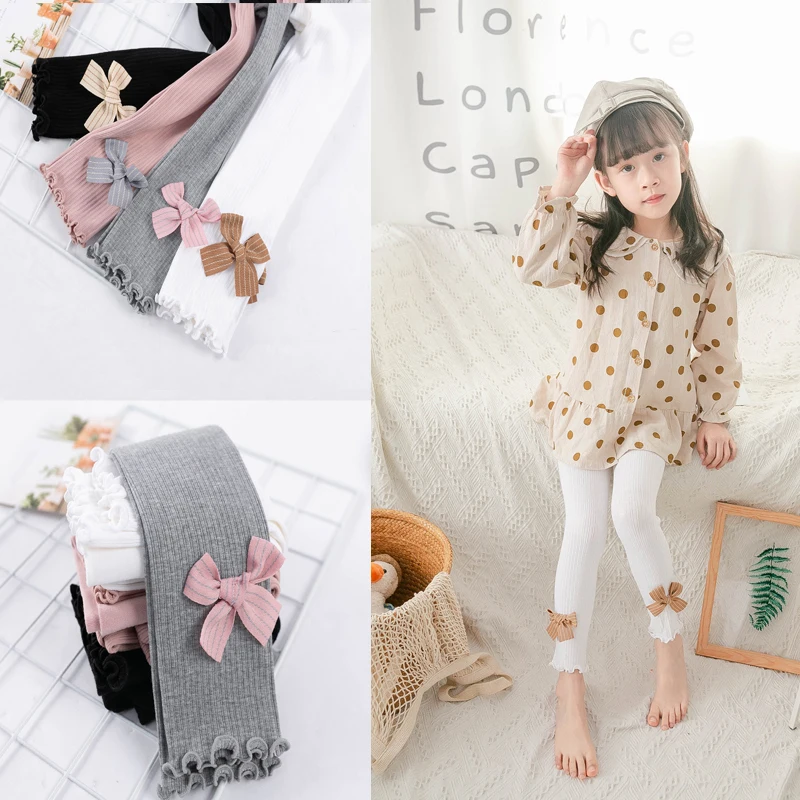 

Spring and Autumn Vertical Mosquito Big Bow Nine Pants with Wooden Ears Children's Slim Leggings Student Long Pants All-match