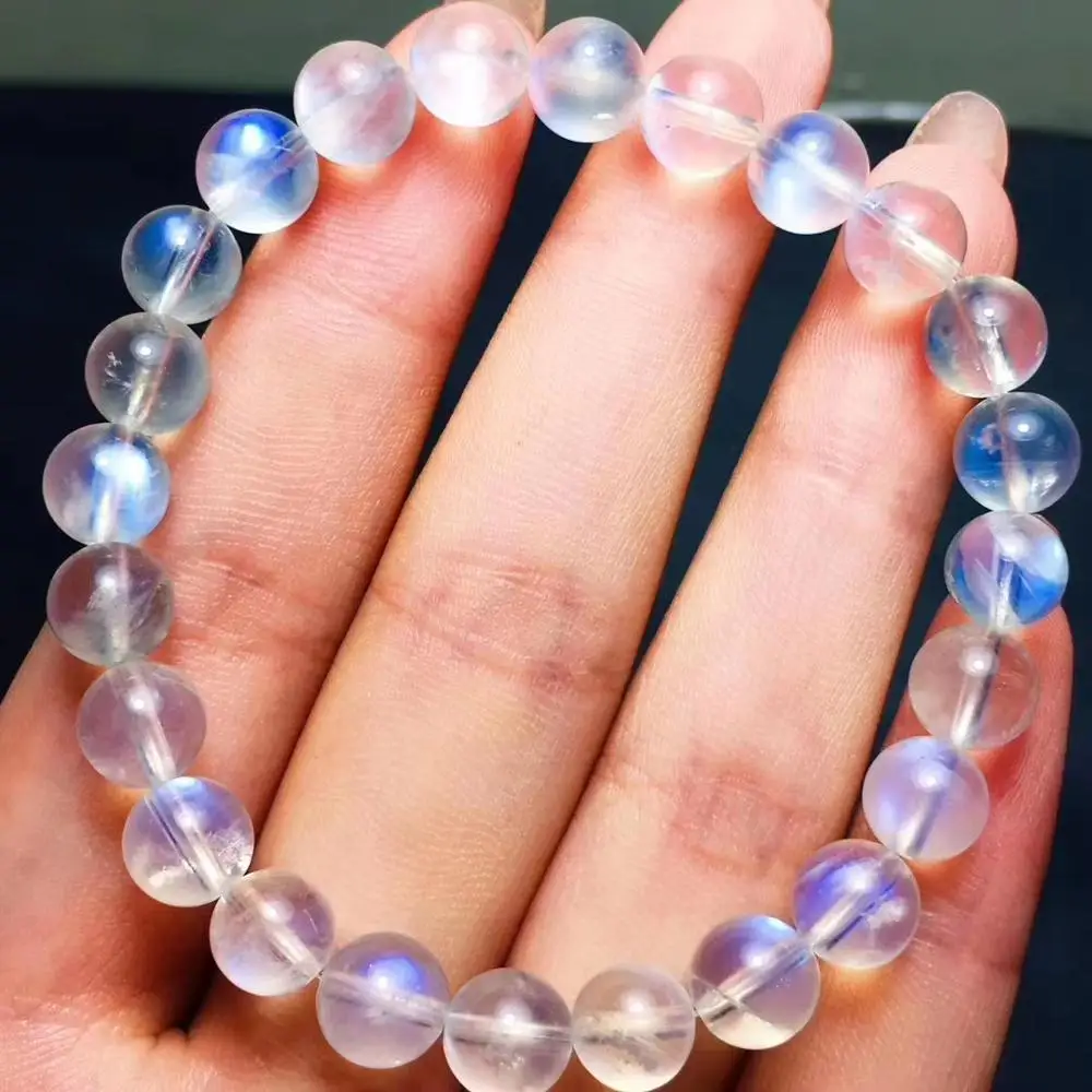 

Natural Blue Light Moonstone Gems Clear Beads Bracelet 7.3mm Bangles Stretch Women Fashion Stone Certificate AAAAA