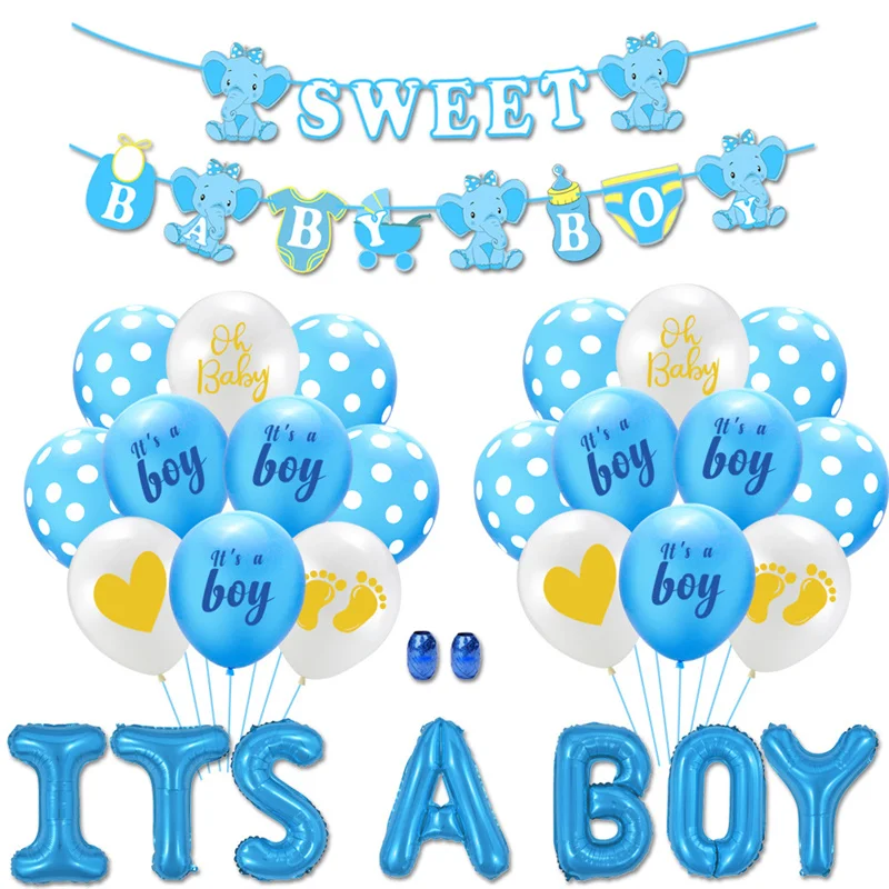

Baptism Baby Balloon Set Boy themed birthday party decoration Christening Party Blue Elephant pulls flag decoration Balloon