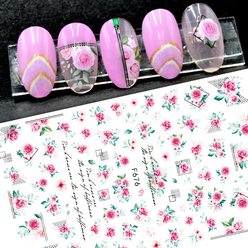 

3D Nail Sticker Pink Rose Flower Nail Art Decorations Foil Love Heart Cute Design Nails Accessories Fashion Manicure Stickers