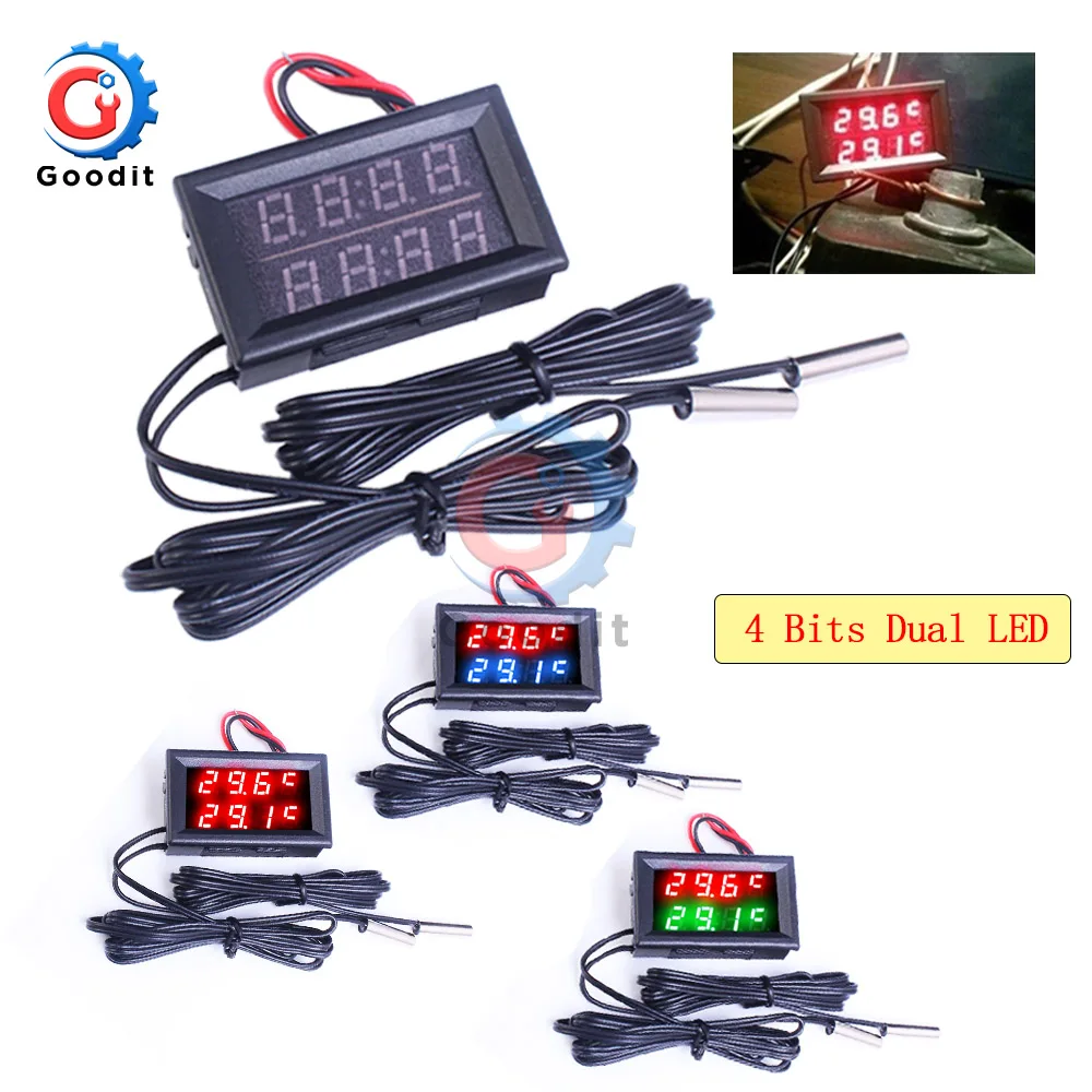 

Mini LED Dual Display Digital Thermometer DC 4V-28V 0.28 inch w/ Dual NTC Waterproof Metal Probe Temperature Sensor Tester for I