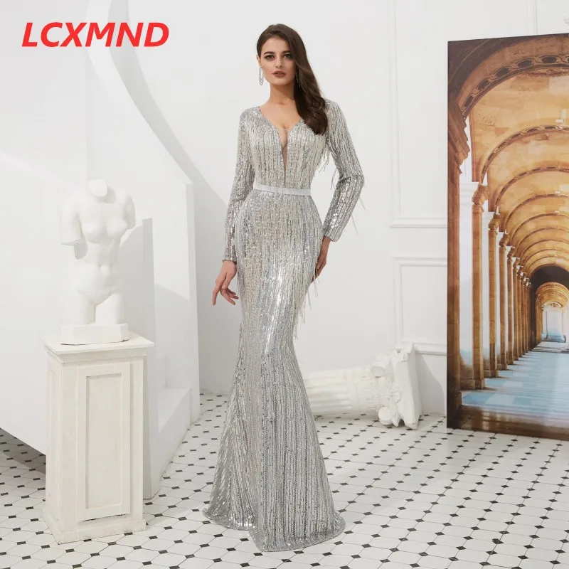 Серебристые вечерние платья с длинным рукавом и v образным вырезом Длинные