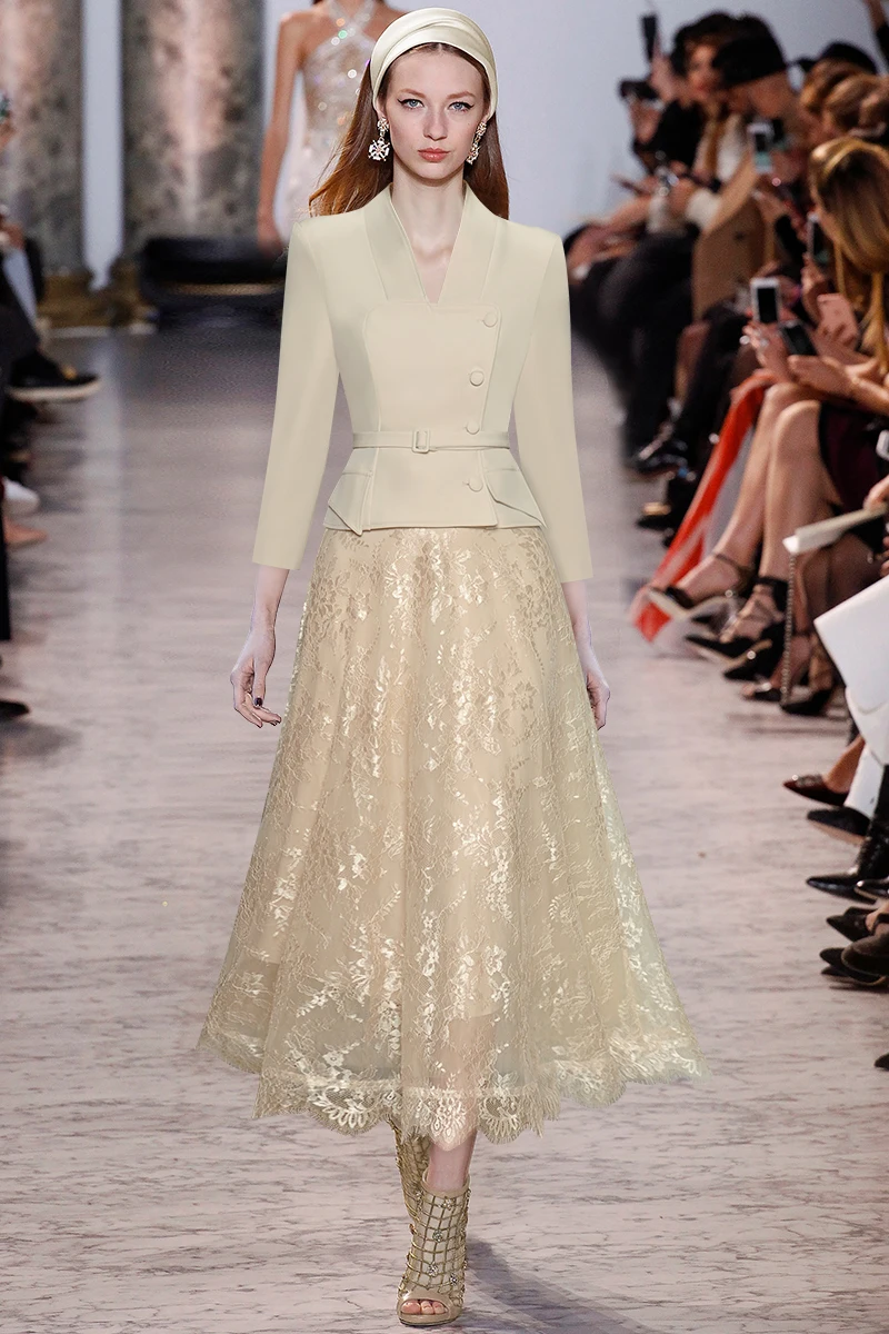 

famous brand high quality Runway set winter 2020 Women V-neck Long sleeve Single-breasted Tops+Lace skirt Elegant Two-piece set