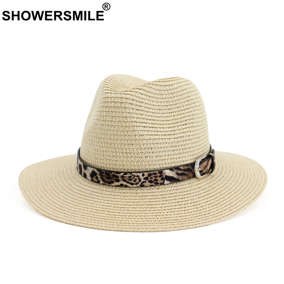 

SHOWERSMILE Women Sun Hats Straw Beach Summer Hats with Leopard Belt Fashion Floppy Beige Straw Hat Female Ladies Jazz Hats