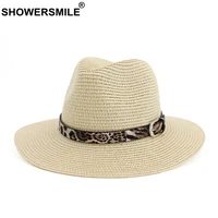 showersmile women sun hats straw beach summer hats with leopard belt fashion floppy beige straw hat female ladies jazz hats