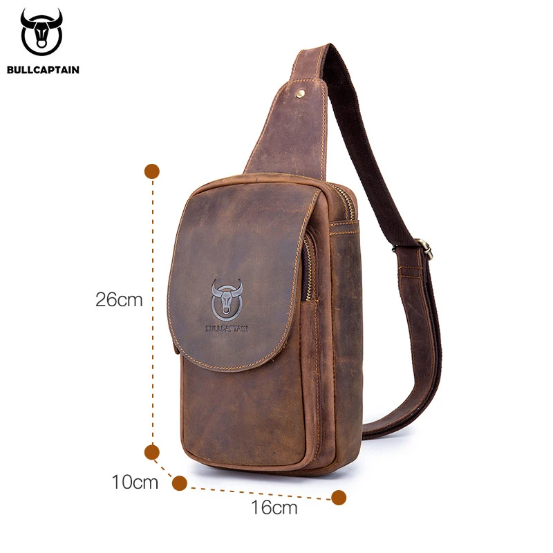 

BULLCAPTAIN Men's Shoulder Crossbody Bag Crazy Horse Leather Chest Sling Bags Leather Messenger Bag Male Retro Zip Shoulder Bag