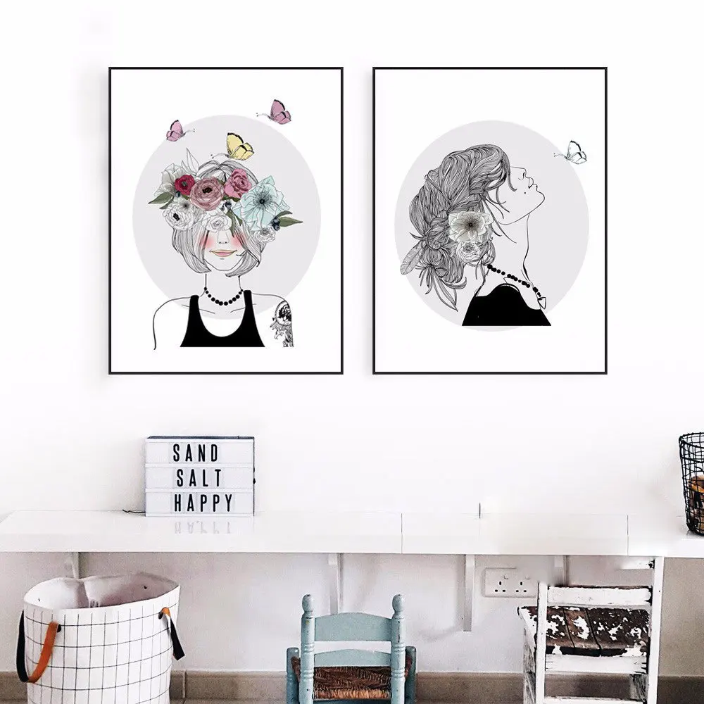 Фото Картина с изображением девушки и цветка плакат художественной печатью живопись