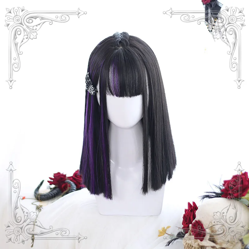 

Japanese Lolita highlights Purple Black Straight Cosplay Wig Harajuku girls Wig Party Hair Free wig cap