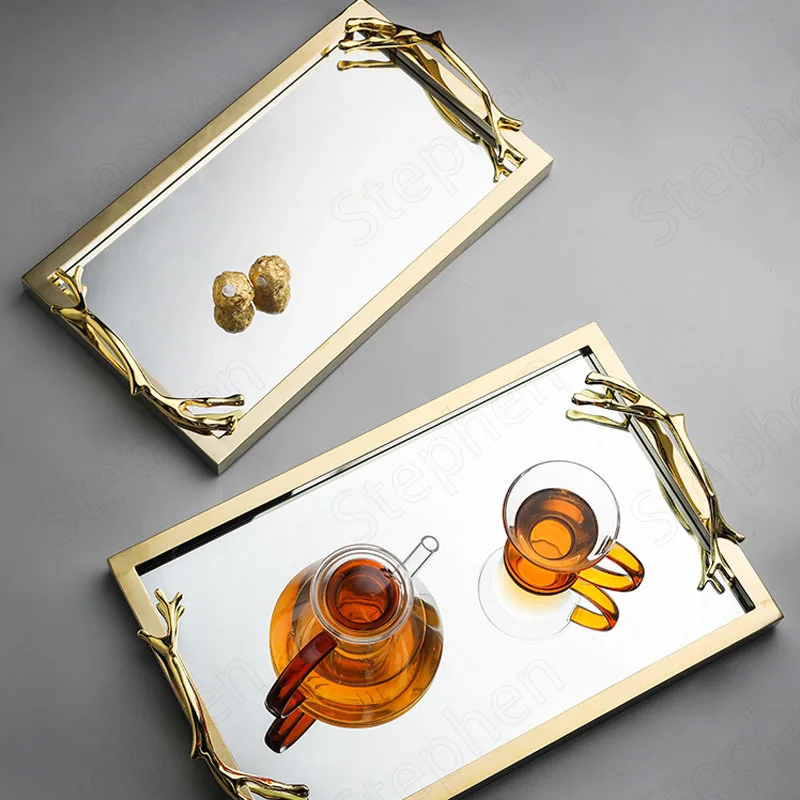 

Gilded Branch Handle Mirror Trays Decorative Nordic Modern Golden Border Tea Cup Wine Storage Tray Home Coffee Table Ornaments