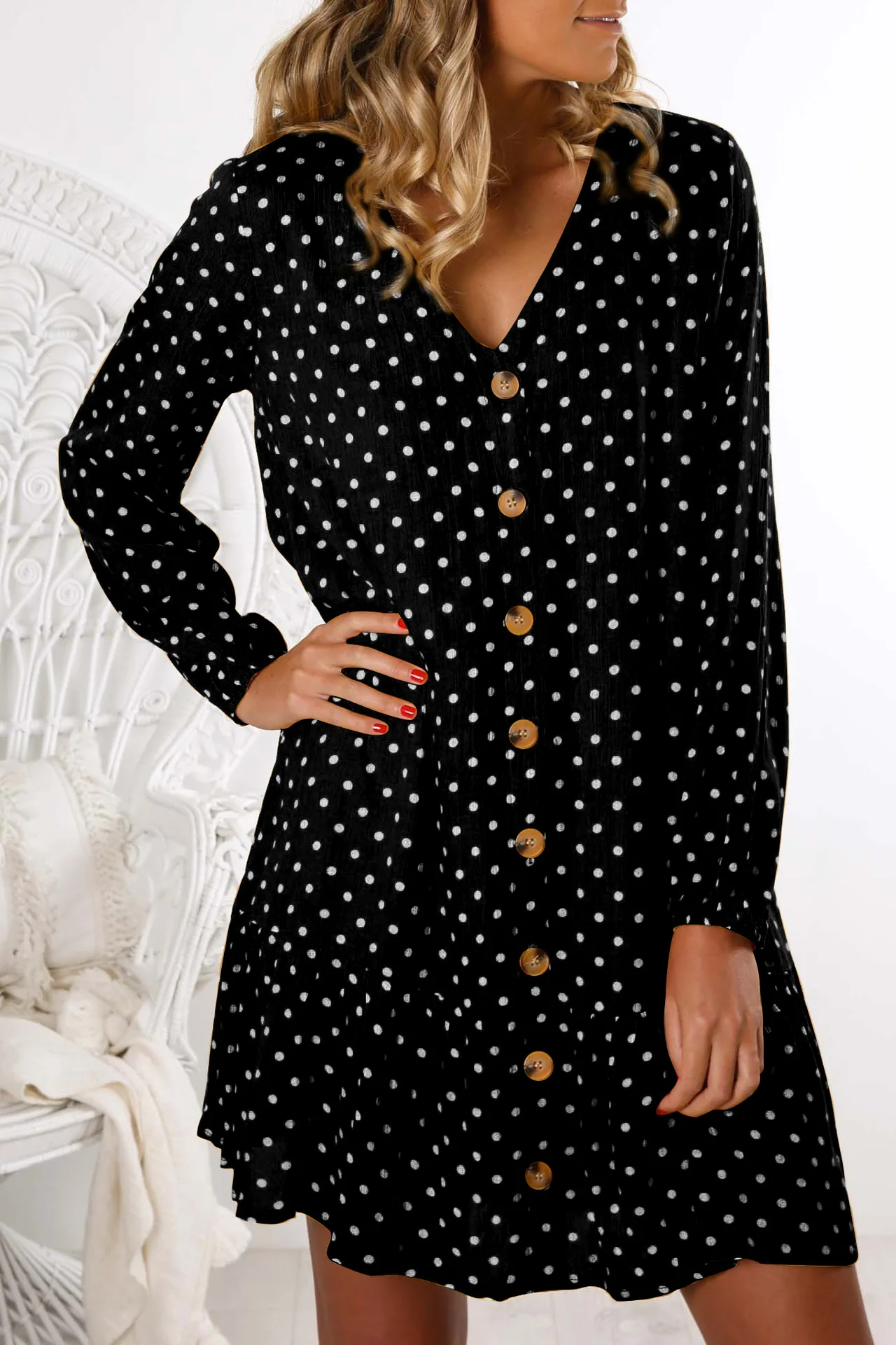 Леди Мода Платье Wave Point Осенне зимняя Дамская обувь с v образной горловиной и