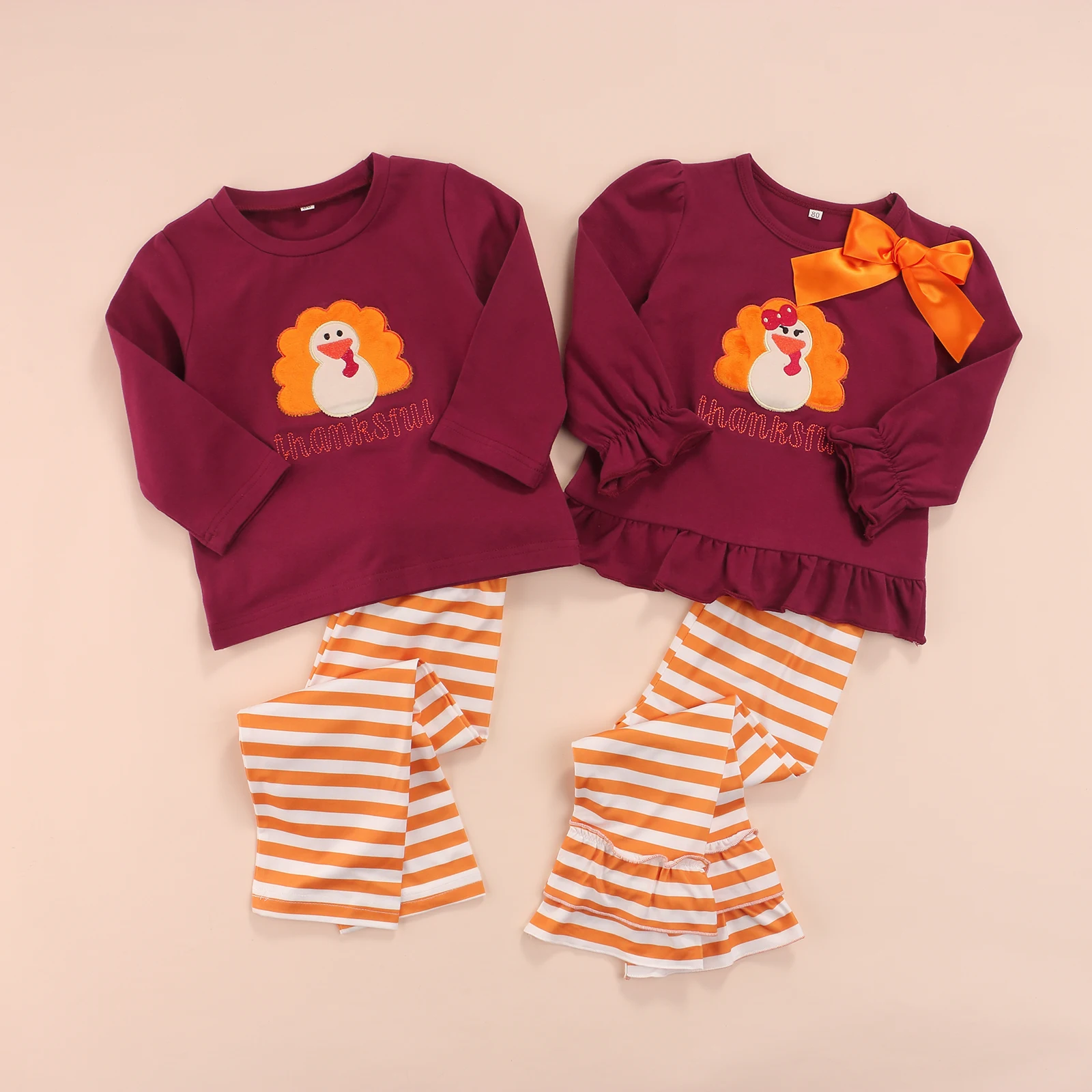 

Toddler Baby Boy Girl Thanksgiving Outfit Long Sleeve Turkey Print Striped T-Shirt Top Pants