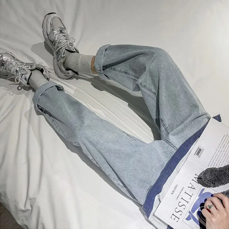 

Light color jeans men's loose and versatile Korean fashion high street straight pants men's and Hong Kong Fashion nine point