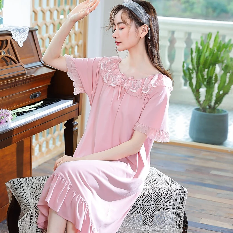 

Nightdress for Women Summer Cotton Short Sleeve Princess Style Sleeping Dress Thin Round Neck Ruffled Plus Size Loose Pajams New