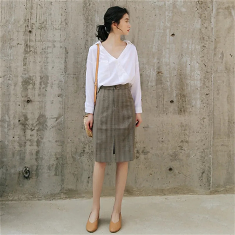 

Women Casual Skirt Autumn 2020 Korean Style Vintage Plaid Bag Hip Skirts Plus Size Stitching Color High Waist Split Skirts