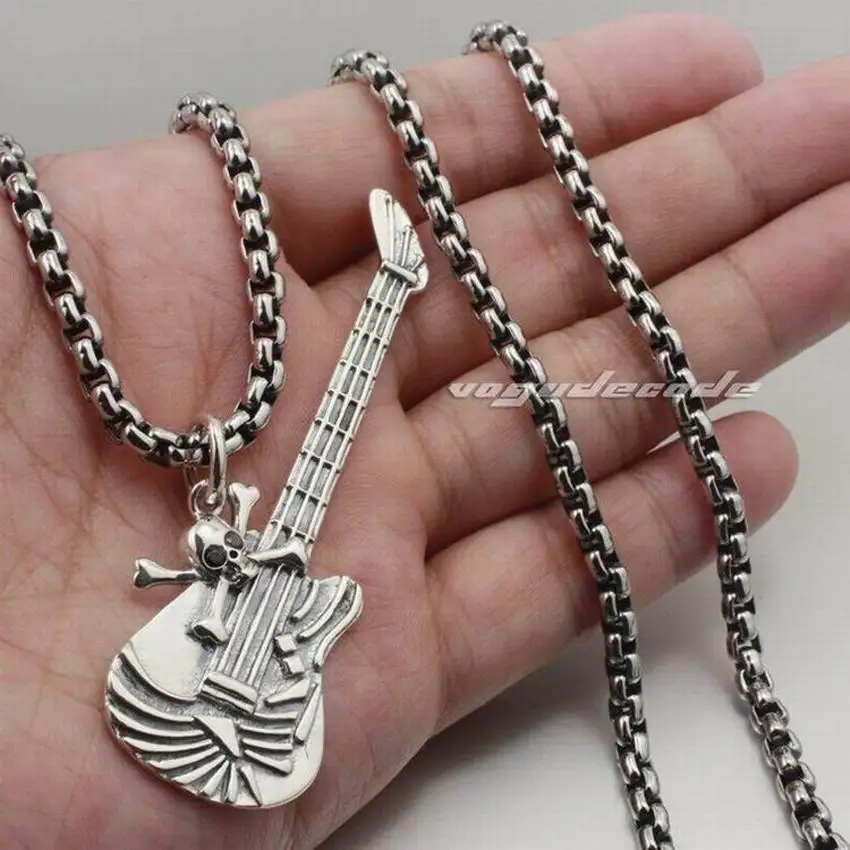 Гитара Металл рок череп твердый 925 пробы Серебряный Мужской панк кулон 8B022|pendant men