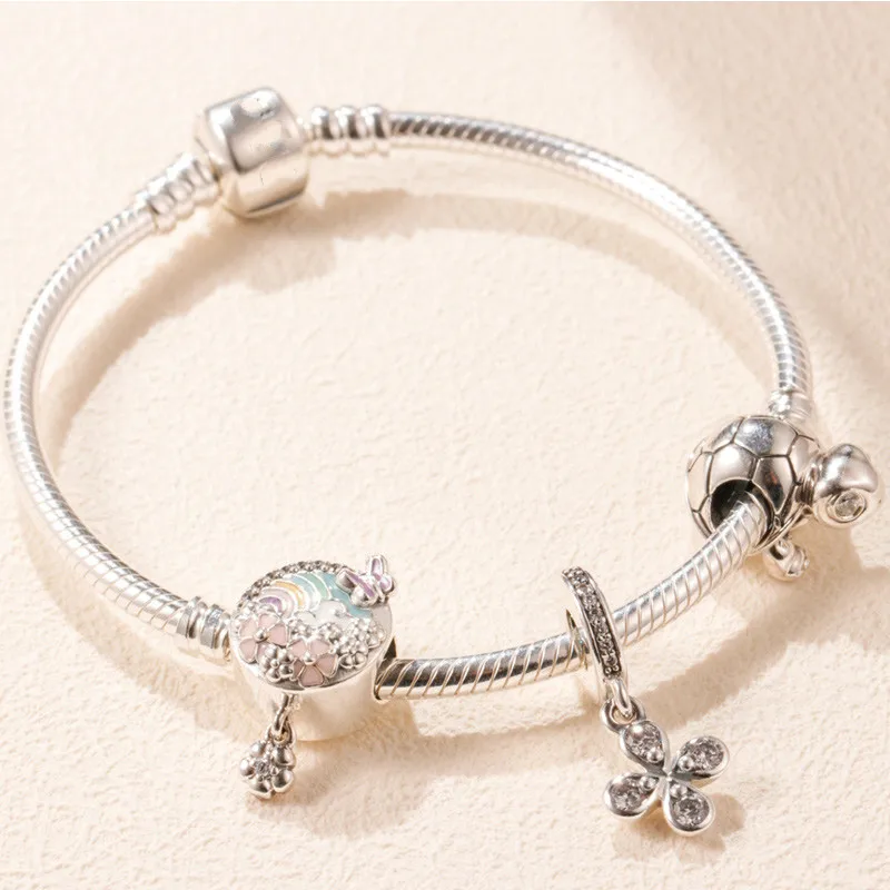

New 925 sterling silver butterfly flowers ladybugs four-leaf pan bracelet set ladies bracelet DIY jewelry