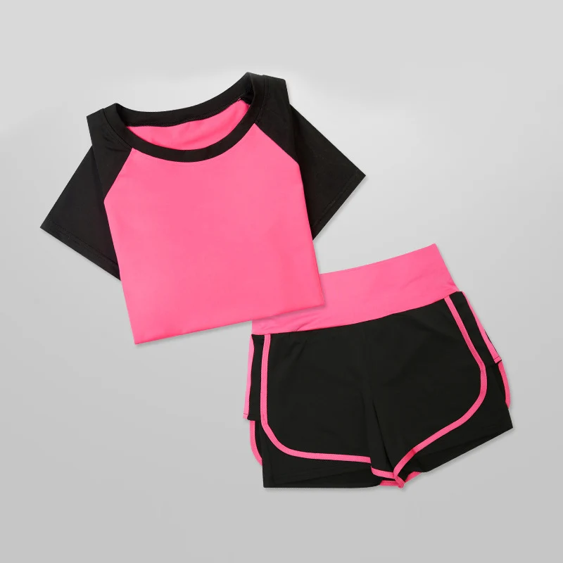 Rose-shorts Спортивная одежда для йоги, фитнеса, одежда для фитнеса, женская обувь для бега, рубашка+ штаны, колготки для йоги, спортивный комплект для бега - Цвет: Rose-shorts