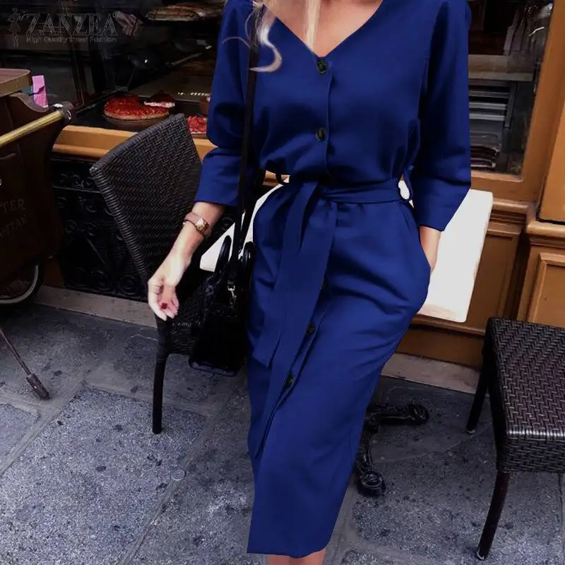 

Платье ZANZEA женское с V-образным вырезом, модный элегантный однотонный вечерний Сарафан до середины икры, с рукавом 3/4, на пуговицах, осень